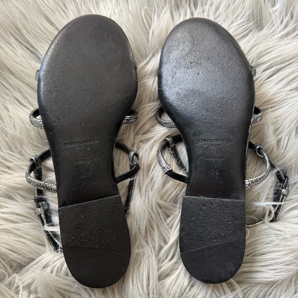 SAINT LAURENT Calfskin YSL Cassandra Monogram Logo Strappy Sandals Metallic 36 - Picture 7 of 11